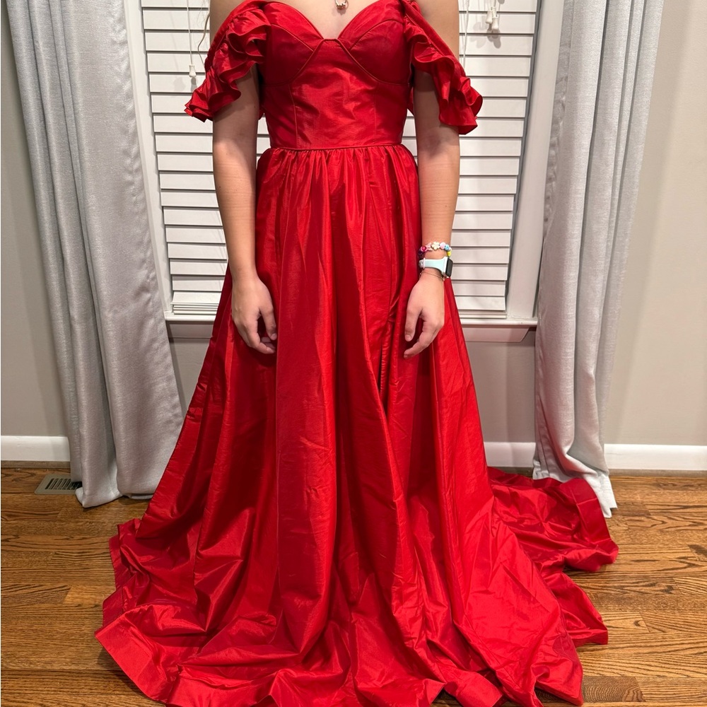 Elegant Red Off-Shoulder Prom Dress Ava Presley size 0